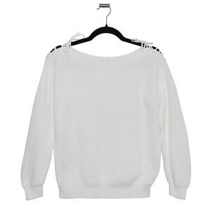 MaxMara 100% Cotton White Boatneck Knit Sweater Tie Detail Size Large